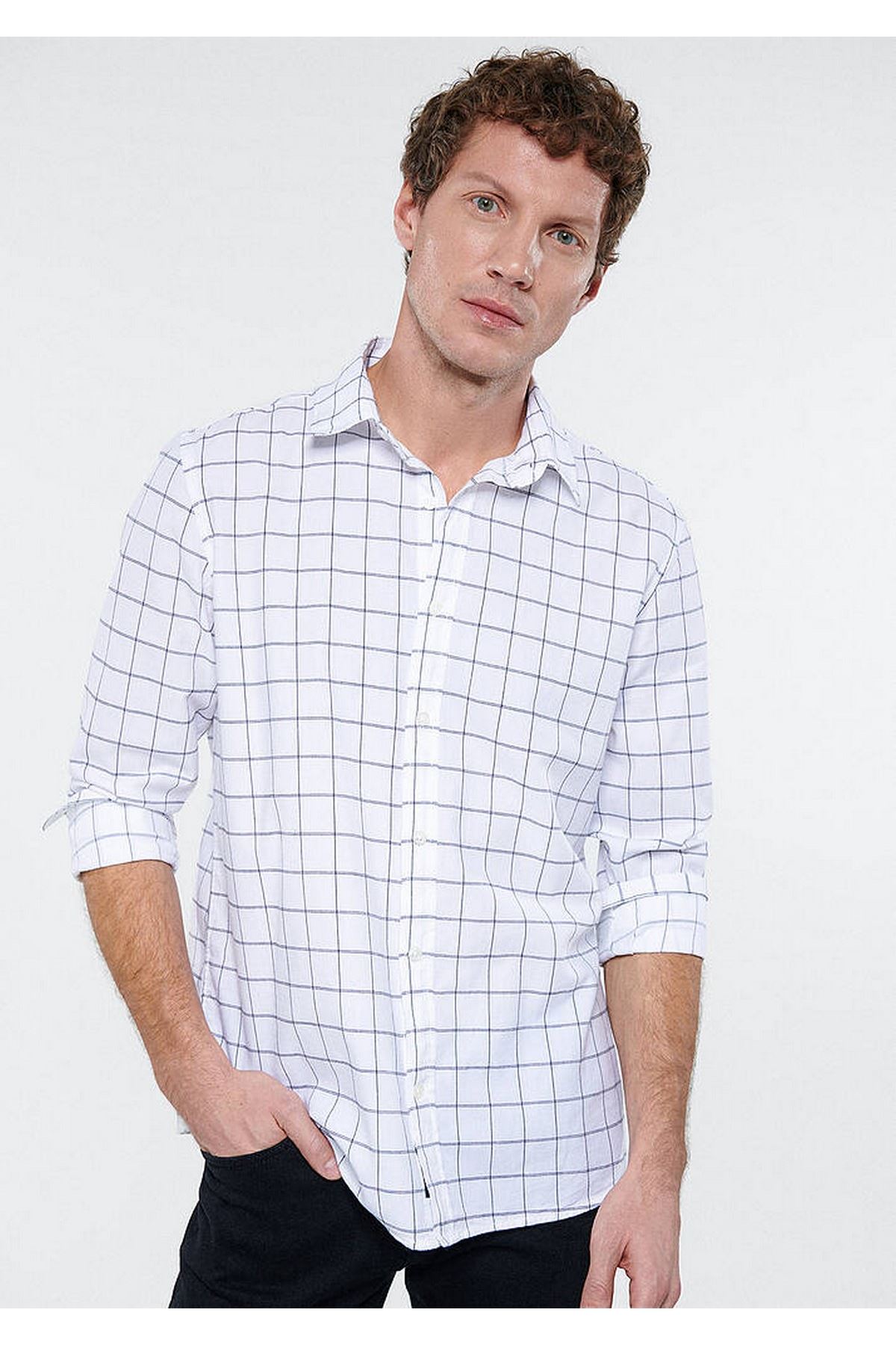 Kareli   Mavi Erkek Beyaz Gömlek - M0210523-83941