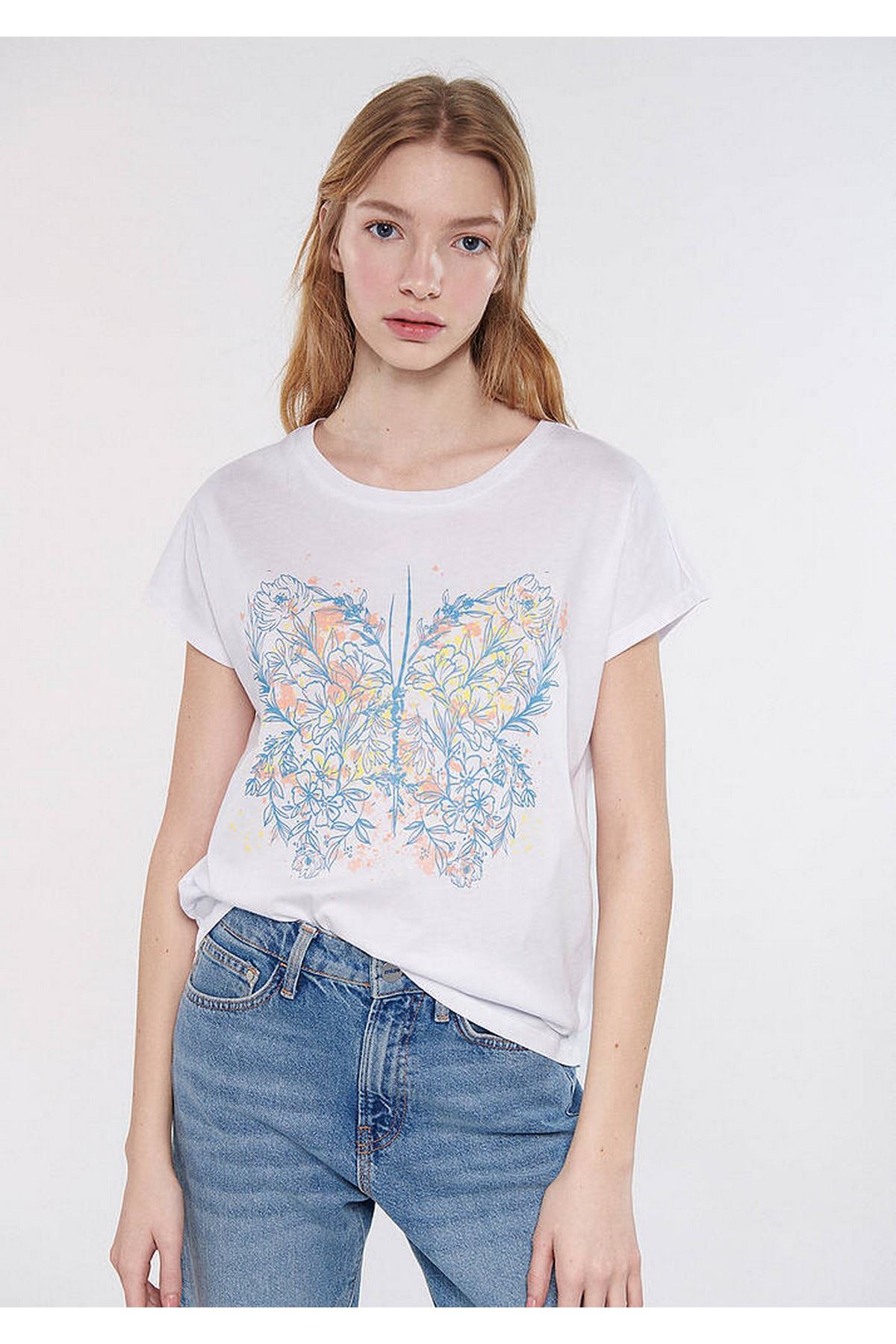 Çiçekli Kelebek Baskılı Mavi Kadın Beyaz Tişört - M1611282-620
