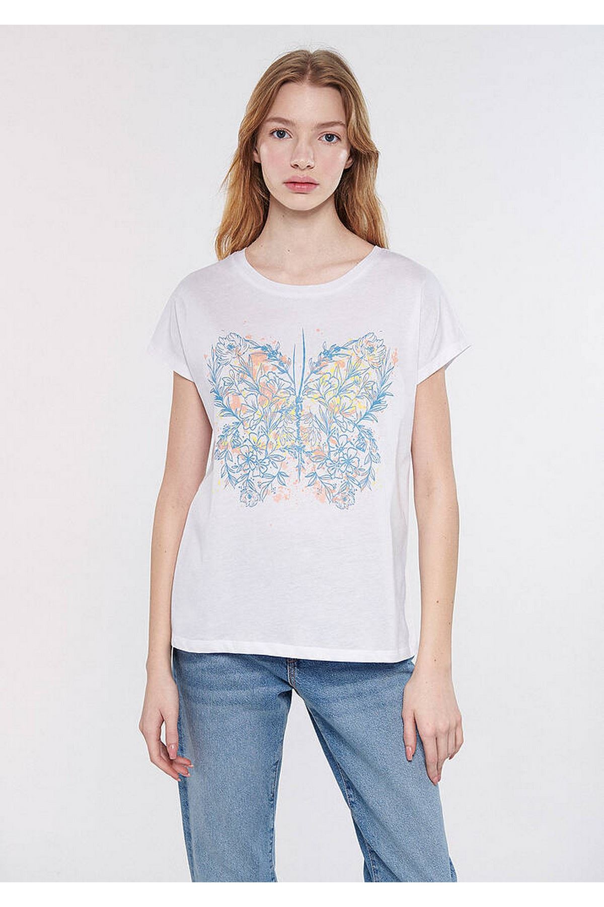 Çiçekli Kelebek Baskılı Mavi Kadın Beyaz Tişört - M1611282-620